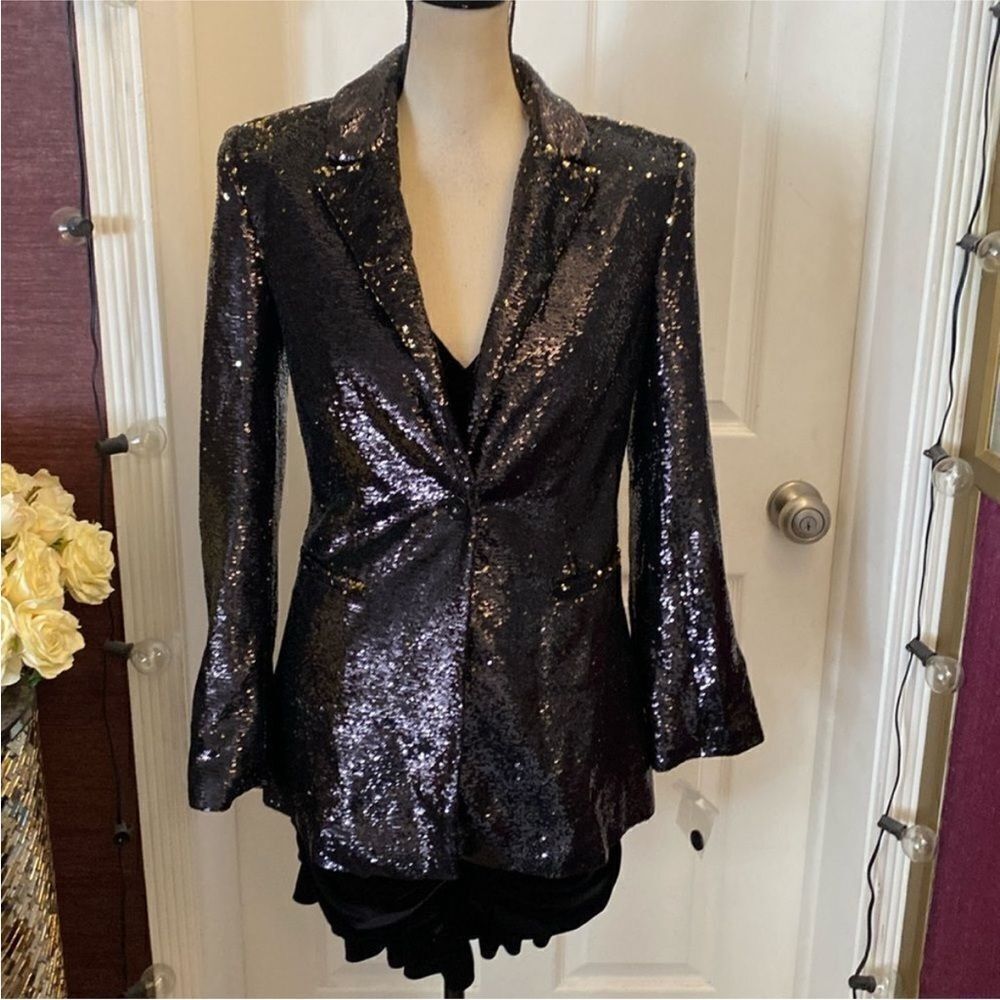 Something Navy Sparkling Black Sequin Blazer, XS